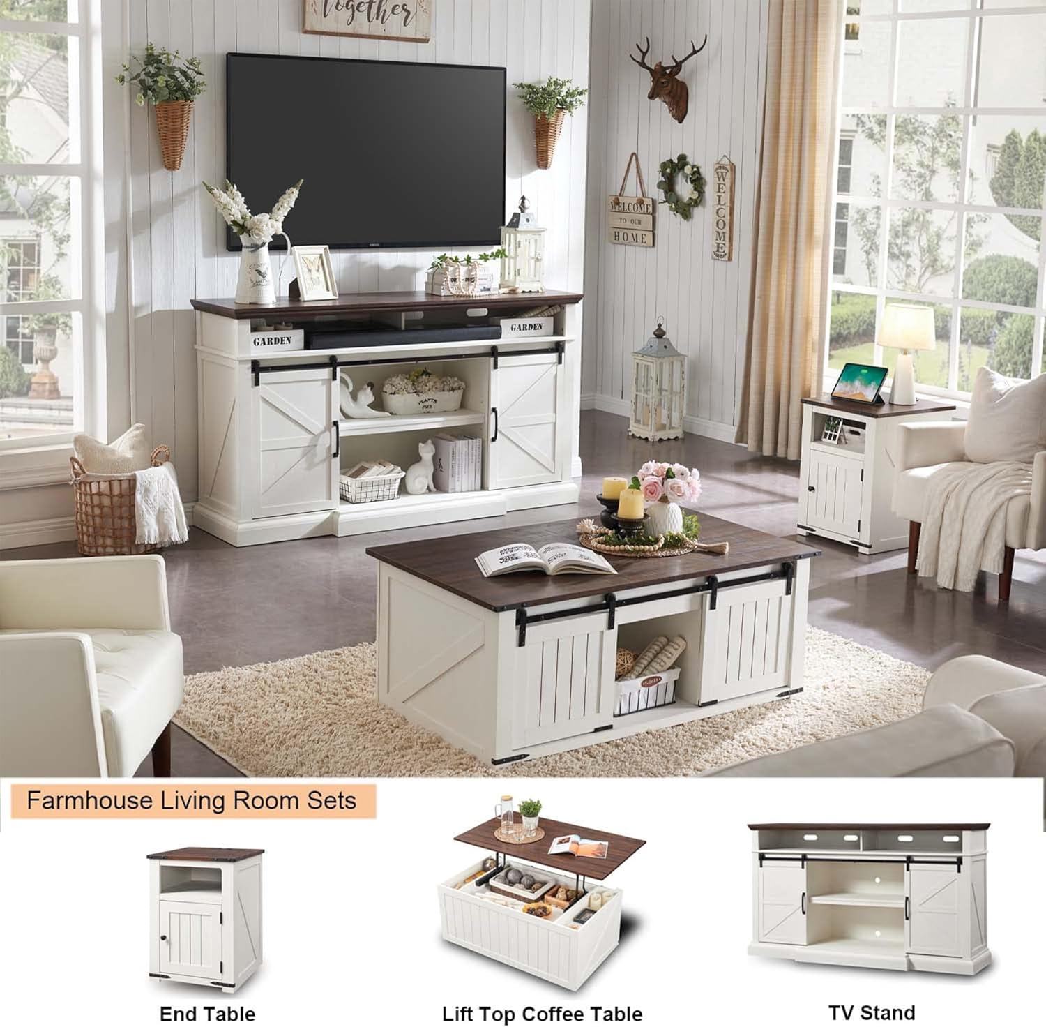 Farmhouse TV Stand for 80 Inch TVs, 37.4"Tall Entertainment Center w/Storage Cabinets and Sliding Barn Door, Media Console Cabinet w/Soundbar & Adjustable Shelves for Living Room, 70 inch (White)