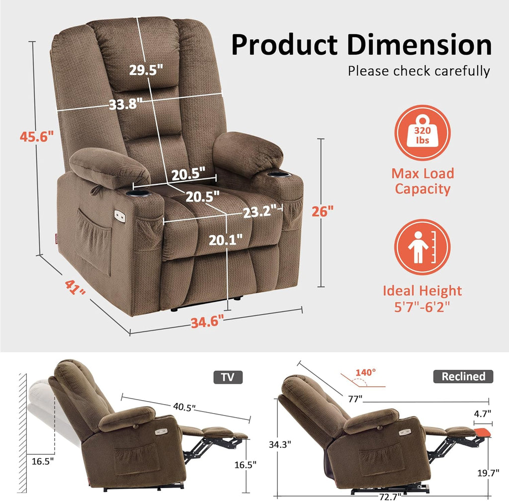 MCombo Large Power Lift Recliner Chair Sofa with Massage and Heat for Big and Tall Elderly People, 3 Positions, Cup Holders, and USB Ports, Fabric 7549 (Large, Brown)