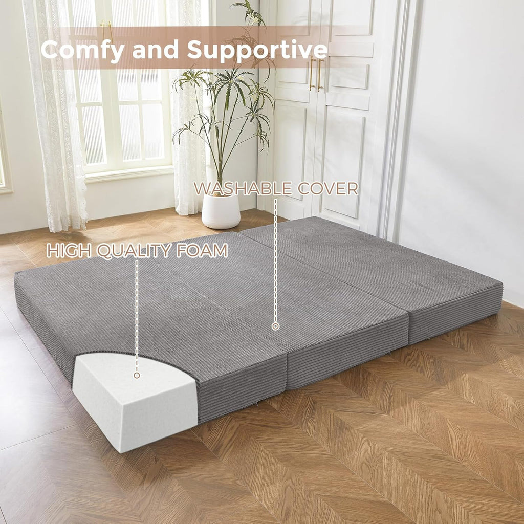 BYBYME Tri-Folding Corduroy Mattress, 6 Inches Gel Folding Mattress Topper, Foldable Soft Guest Bed Camping Pad, Washable Cover (Grey, Full)