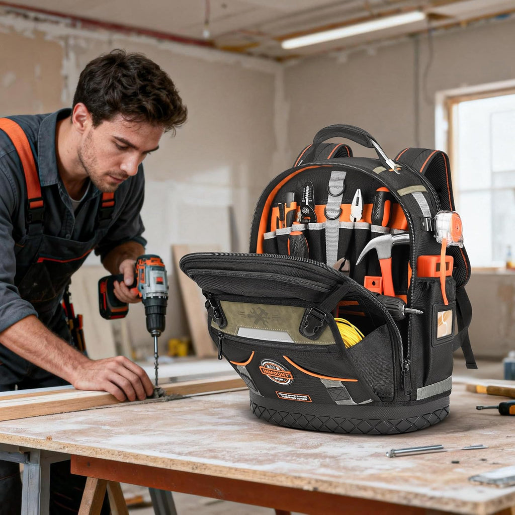 Tool Backpack Bag, HVAC Heavy Duty Construction Tools Backpack for Men, 1680D Professional Level Durable Tool Organizer, with Molded Base & Combination Lock, for Electricians & Home Repair-Version 3.0