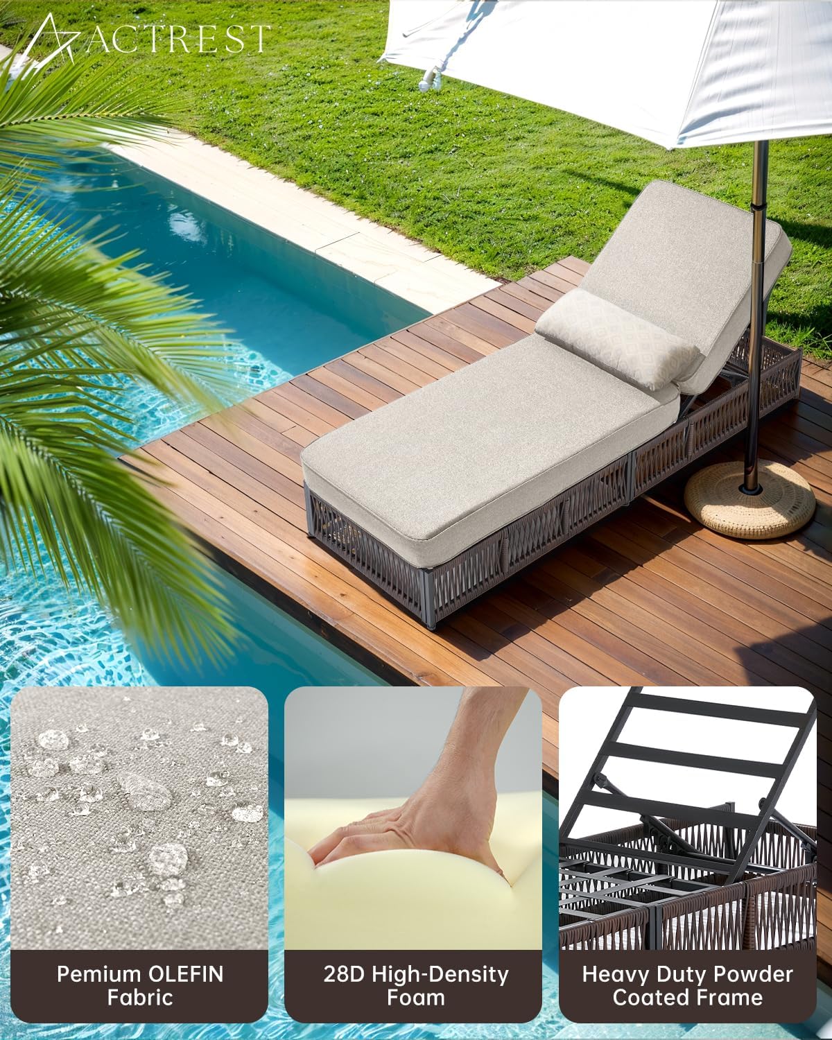 Luxury Outdoor Chaise Lounges with 5 Inch Thickened Cushions - Set of 4 High Back Brown Wicker Patio Recliners Rattan Reclining Chairs Porch Poolside Pool Sunbathing Lounger- Beige
