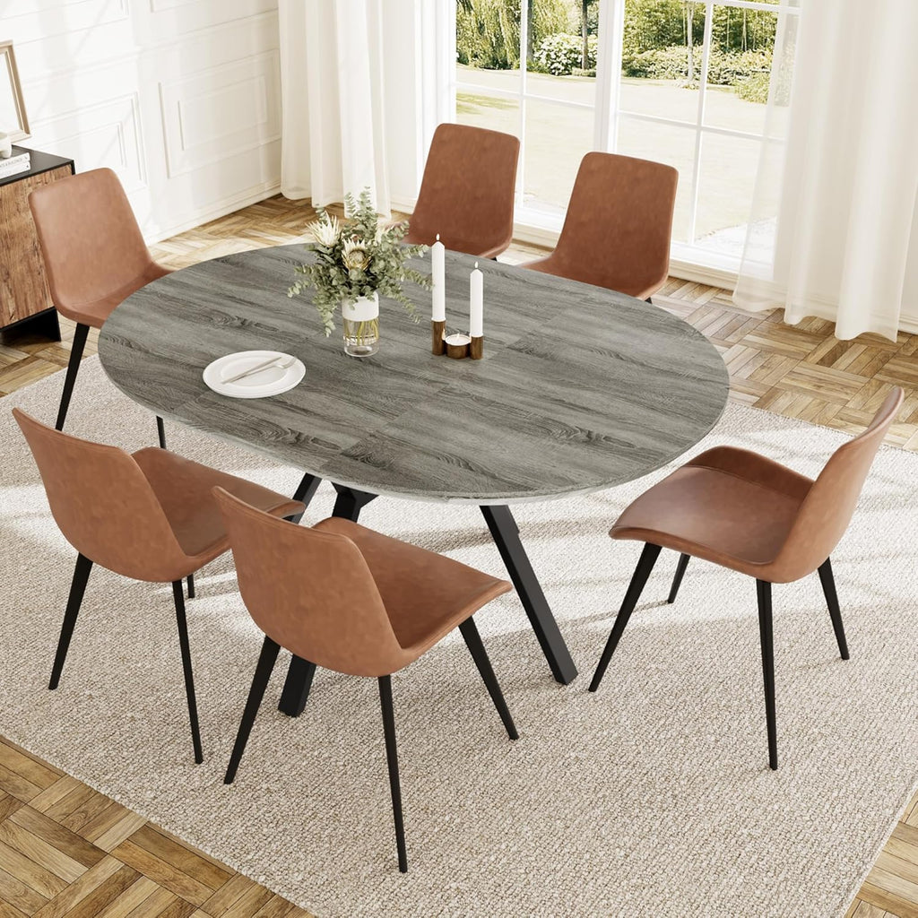 Extendable Round Dining Table Set for 6 People, 43.3"-59.1" Extendable Kitchen Table with 6 Upholstered Chairs, Space Saving for Kitchen Dining Room (Grey Table+6 Brown Chairs)