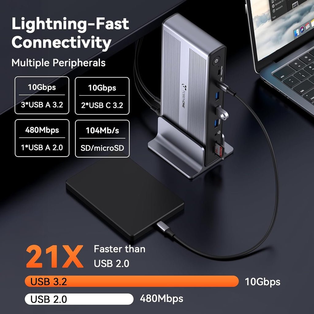 TobenONE DisplayLink Docking Station 4 Monitors  20-in-1 Quad 4K@60Hz HDMI Display with 150W Power Supply for Thunderbolt 5/4/3  USB-C Windows Chrome  MacBook/Mac mini(6 USB  Ethernet  SD/Micro SD)