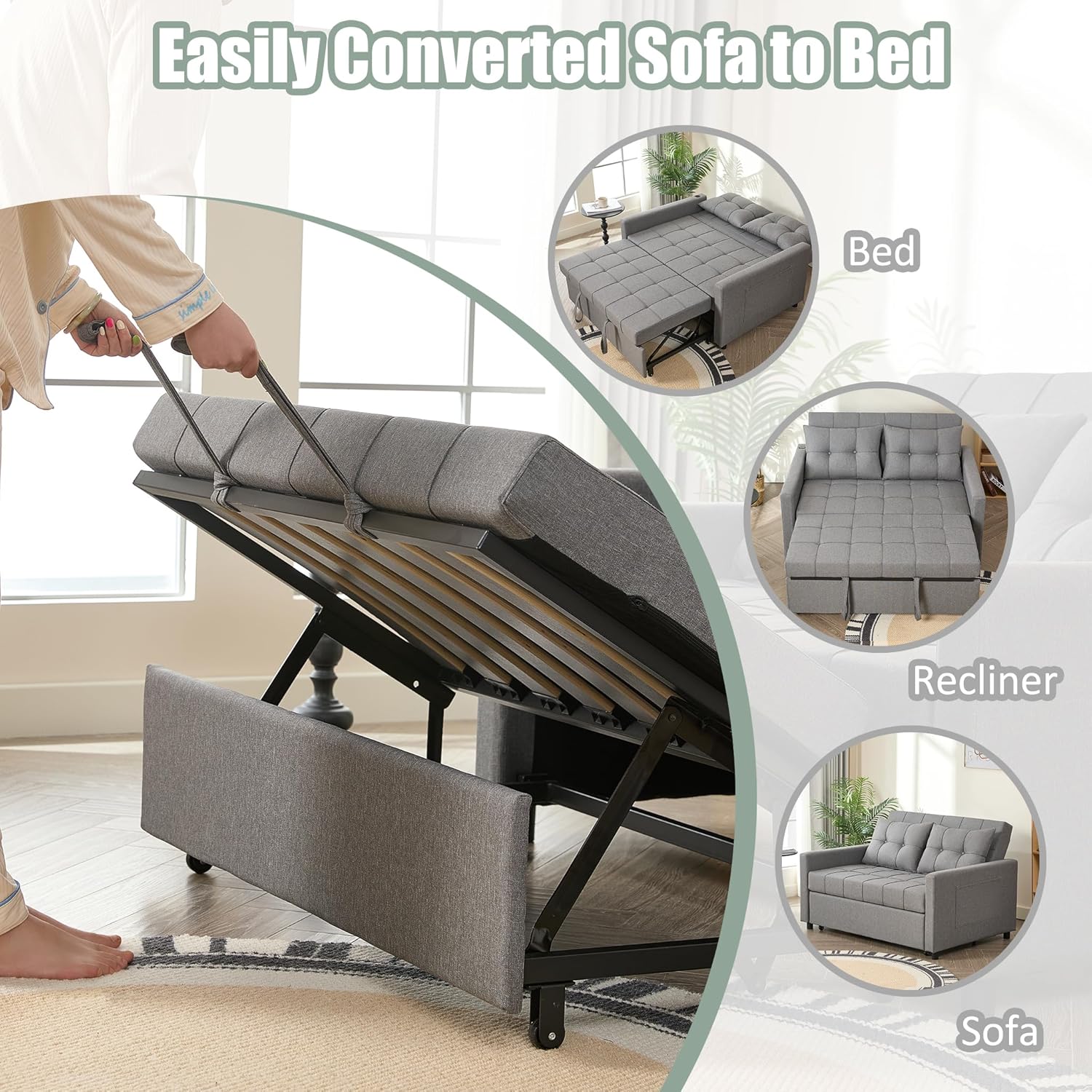 52" Sleeper Sofa with Pull-Out Bed, 3-in-1 Convertible Sofa Bed, Set of Loveseat with Stepless Adjustable Backrest and Side Pocket, for Living Room Dorm Apartment, Linen, Light Gray