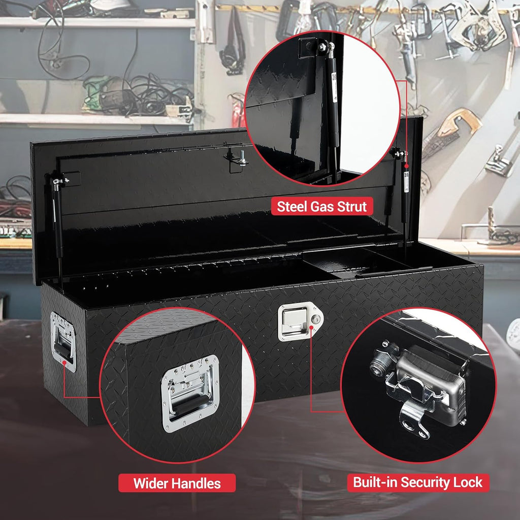 Heavy Duty Aluminum Truck Bed Tool Box 39"x13"x10" – Waterproof Diamond Plate Storage Chest, Lockable with Sliding Shelf & Stainless Handles, Durable Organizer for Pickup, Trailer, RV, Black