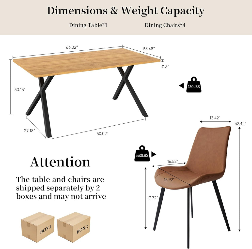 HIPIHOM 5-Piece Dining Table Set for 4-6 People, 63" MDF Kitchen Table with 4 Upholstered Chairs, Metal Legs for Dining Room, Kitchen(Oak Table+4 Brown Chairs)