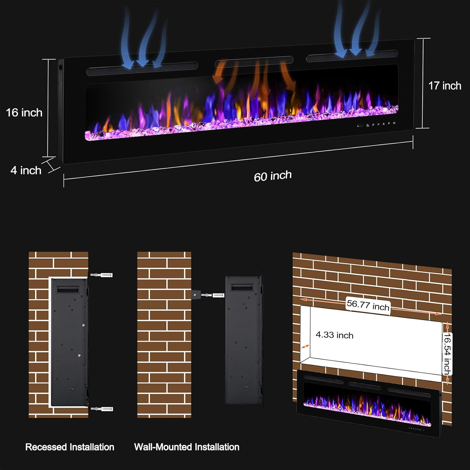 60" Electric Fireplace Wall Mounted and Recessed with Remote Control, 750/1500W Ultra-Thin Wall Fireplace Heater W/Timer Adjustable Flame Color and Brightness, Log Set & Crystal Options