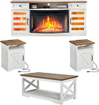 AMERLIFE Farmhouse Living Room Table Set of 4, Include 70" Fireplace TV Stand with 36" Curved Electric Fireplace, Coffee Table & 2 End Tables with Charging Station, White+Barnwood