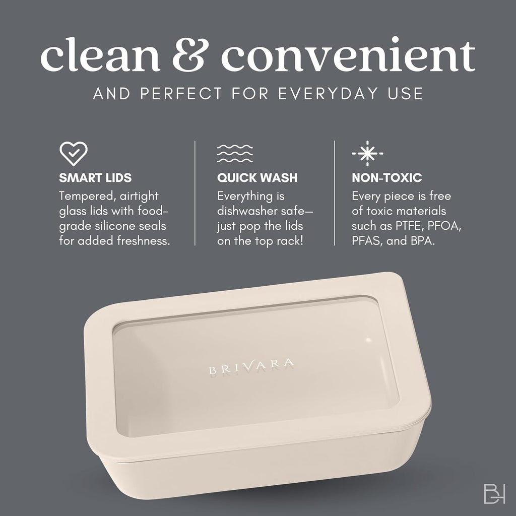 Ceramic Coated Glass Food Storage Containers | No PTFE, PFOA, PFAS, and BPA | Reusable Non Toxic Meal Prep Containers with Glass Lids | Easy To Store | 10 Piece Set Crema