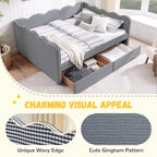 DEINPPA Queen Size Upholstered Daybed with 2 Storage Drawers, Gingham Daybed with USB Ports for Bedroom Living Room Guest Room-Navy
