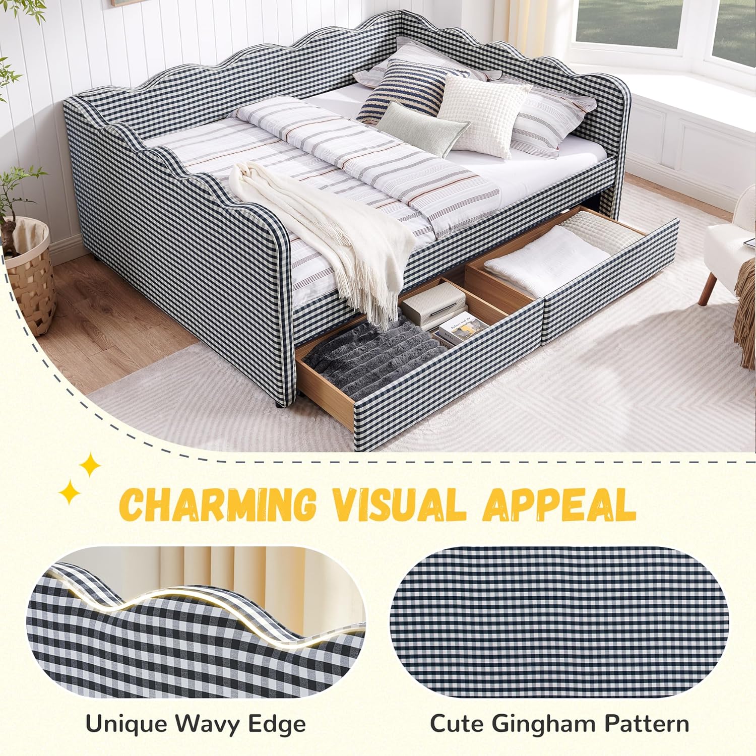 DEINPPA Queen Size Upholstered Daybed with 2 Storage Drawers, Gingham Daybed with USB Ports for Bedroom Living Room Guest Room-Navy