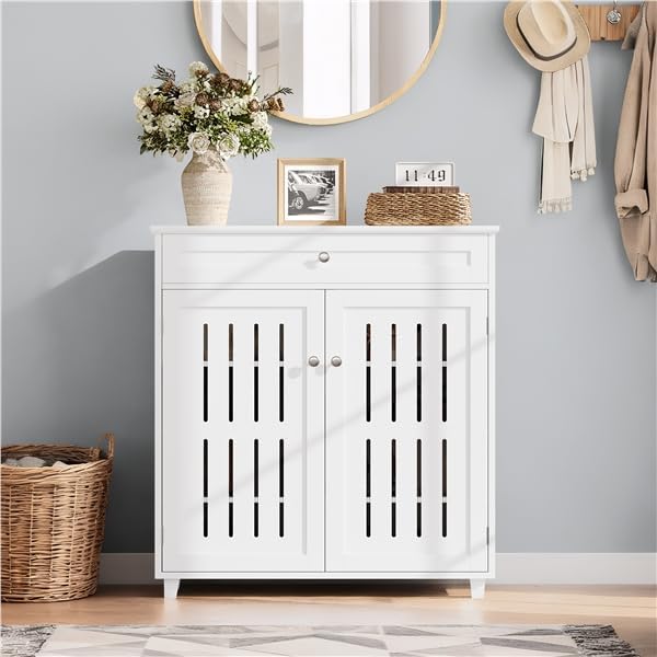 Yaheetech Shoe Cabinet, 4-Tier Shoe Storage Cabinet with Drawer & Adjustable Shelves, Wooden Shoe Rack Organizer with Louvered Doors for Entryway, Hallway, Closet, Living Room, White