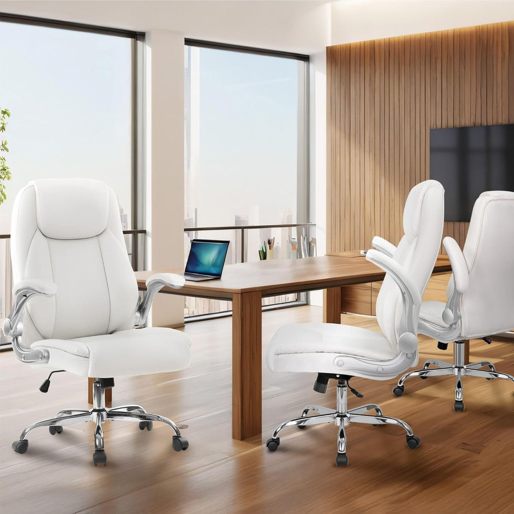 NEO CHAIR Office Desk Gaming Computer Home Chair Ergonomic Executive High Back Support Flip-up Arms Adjustable Height Swivel Rolling Wheels Comfy PU Leather (White)