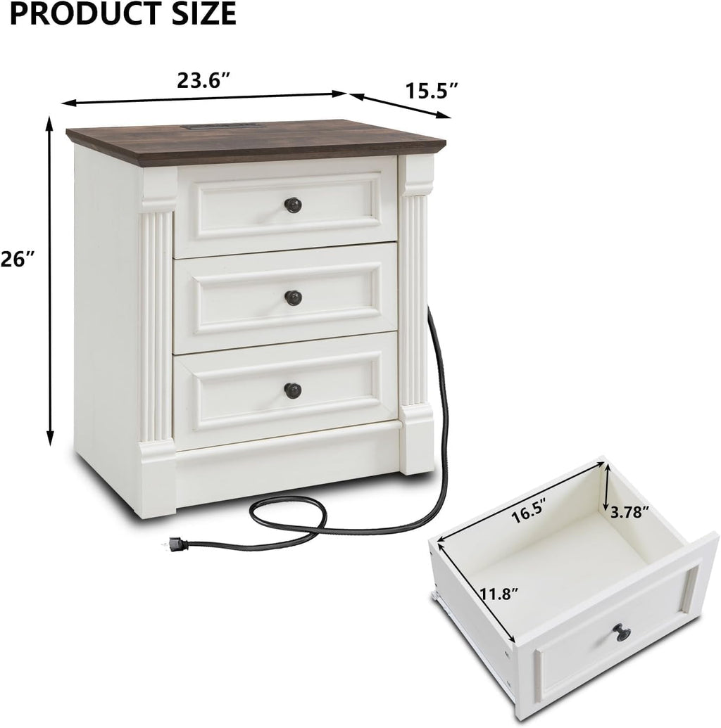 26" Tall Farmhouse Nightstand Set of 2, 3 Drawers End Table w/Charging Station, 23.6" Wide Large Side Table w/Roman Column, Wood Rustic Sofa Table for Bedroom, White