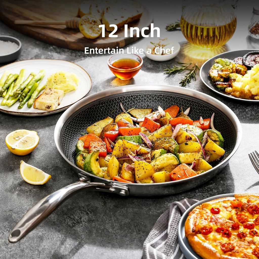DELUXE Hybrid Ceramic Nonstick 12-Inch Fry Pan with Tempered Glass Lid, Skillet with Stay-Cool Handles, Dishwasher&Oven Safe, PFOA Free Compatible with All Cooktops