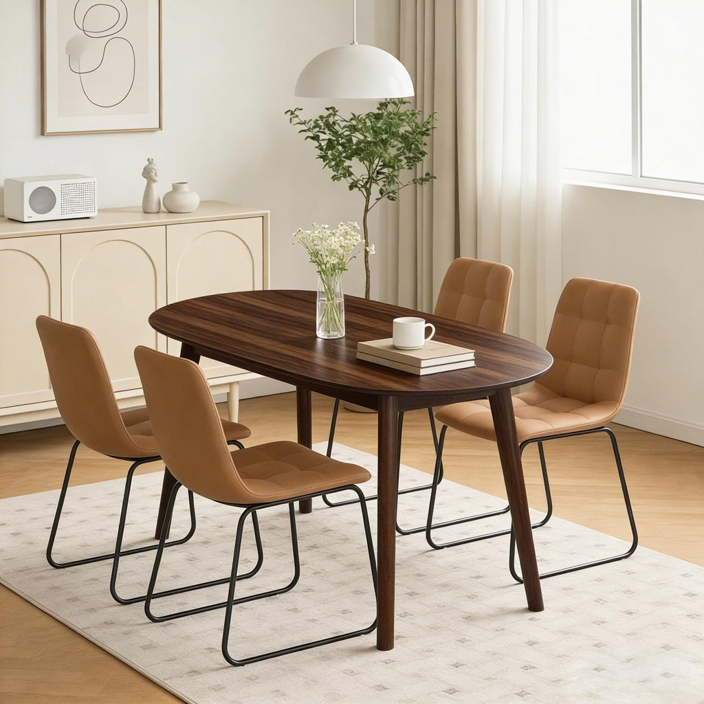 63" Oval Dining Table Set for 4, 5 Piece Modern Dining Table Set for Kitchen and Dining Room, Solid Wood Legs Dining Table with 4 Checkered PU Leather Dining Chairs（Walnut Table+4 Brown Chairs)