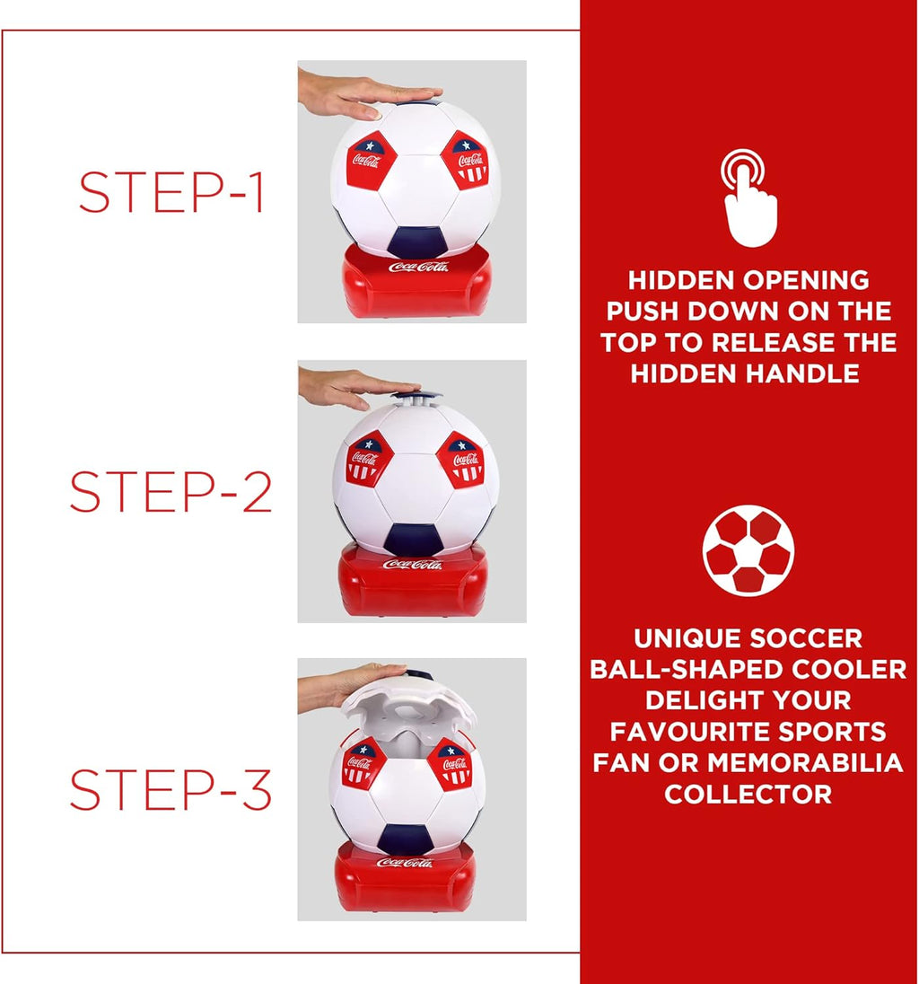 Coca-Cola Soccer Ball 5 Can Cooler, 12V DC/110V AC Cooler, for home, dorm, office, travel, camping, car, boat, truck, beverages, snacks, skincare, cosmetics, medication