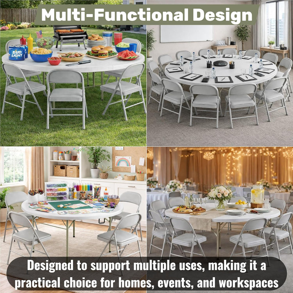 6 Ft Round Bi-Fold Folding Table with Carry Handle, 72" Bi-fold Table, Portable Plastic Table with Steel Legs for Party, Dining, Wedding, Events, Picnic, Indoor Outdoor Use