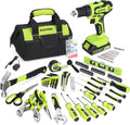 FASTPRO 232-Piece Home Tool Set with Drill, 20V Cordless Drill Driver, Household Repairing Tool Kit with Drill, 12-Inch Wide Mouth Storage Tool Bag Included, Green