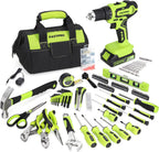 FASTPRO 232-Piece Home Tool Set with Drill, 20V Cordless Drill Driver, Household Repairing Tool Kit with Drill, 12-Inch Wide Mouth Storage Tool Bag Included, Green