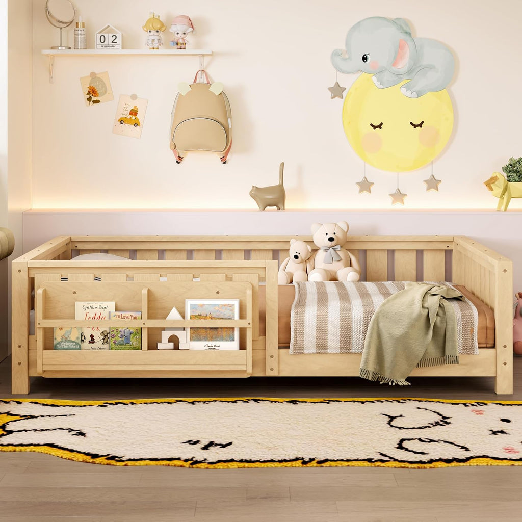 Bellemave Light Natural Montessori Floor Bed with Fence and Slats, Full Size Montessori Floor Bed with Bookcase and High Rails, Easy Assemble Bed Frame for Girls, Boys, Full