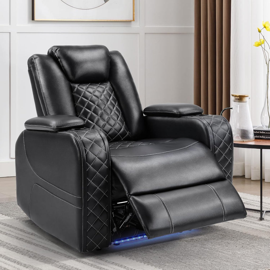 CANMOV Electric Power Recliner Chair with Adjustable Headrest,Breathable Faux Leather Home Theater Seating with Ambient Lighting,Cup Holders,Hidden Arm Storage,USB,Type-C Ports,Black
