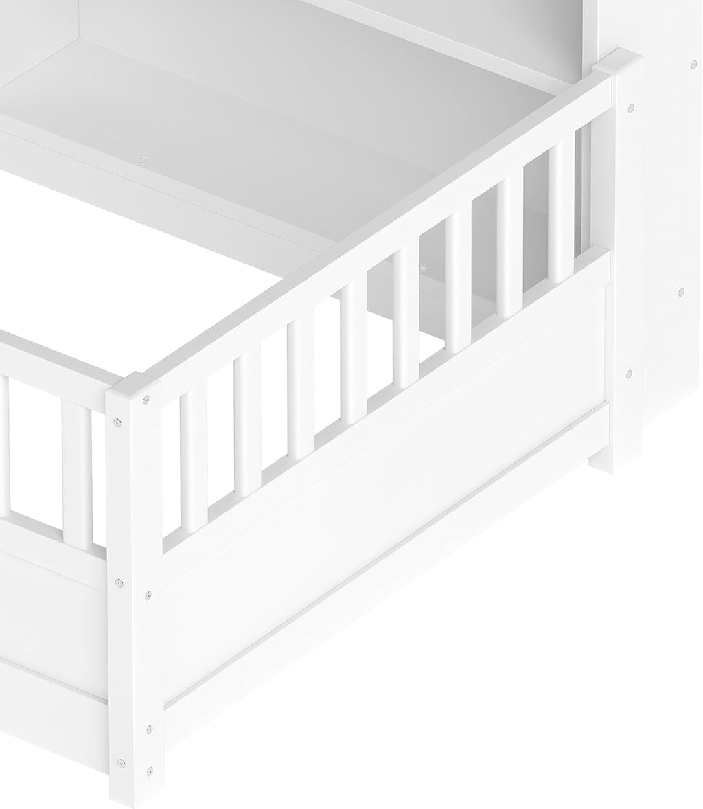 KEIKI Montessori Floor Bed Twin Size, Pine Wood Platform Bed Frame with Fence and Guardrail, Kids Bed with Side Storage Racks, Twin Floor Bed for Children, White
