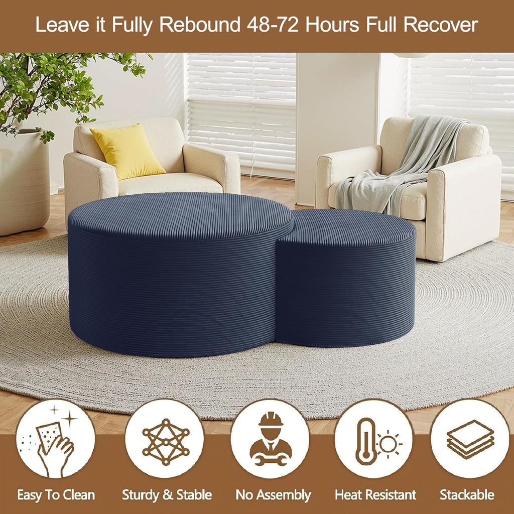BSHOMGI Nesting Coffee Table Set of 2, Upholstered Round Corduroy Circle Foam Round Side Table for Living Room, Entryway Set, 32"+17" Footrest No Assembly (Blue, 32"+17")