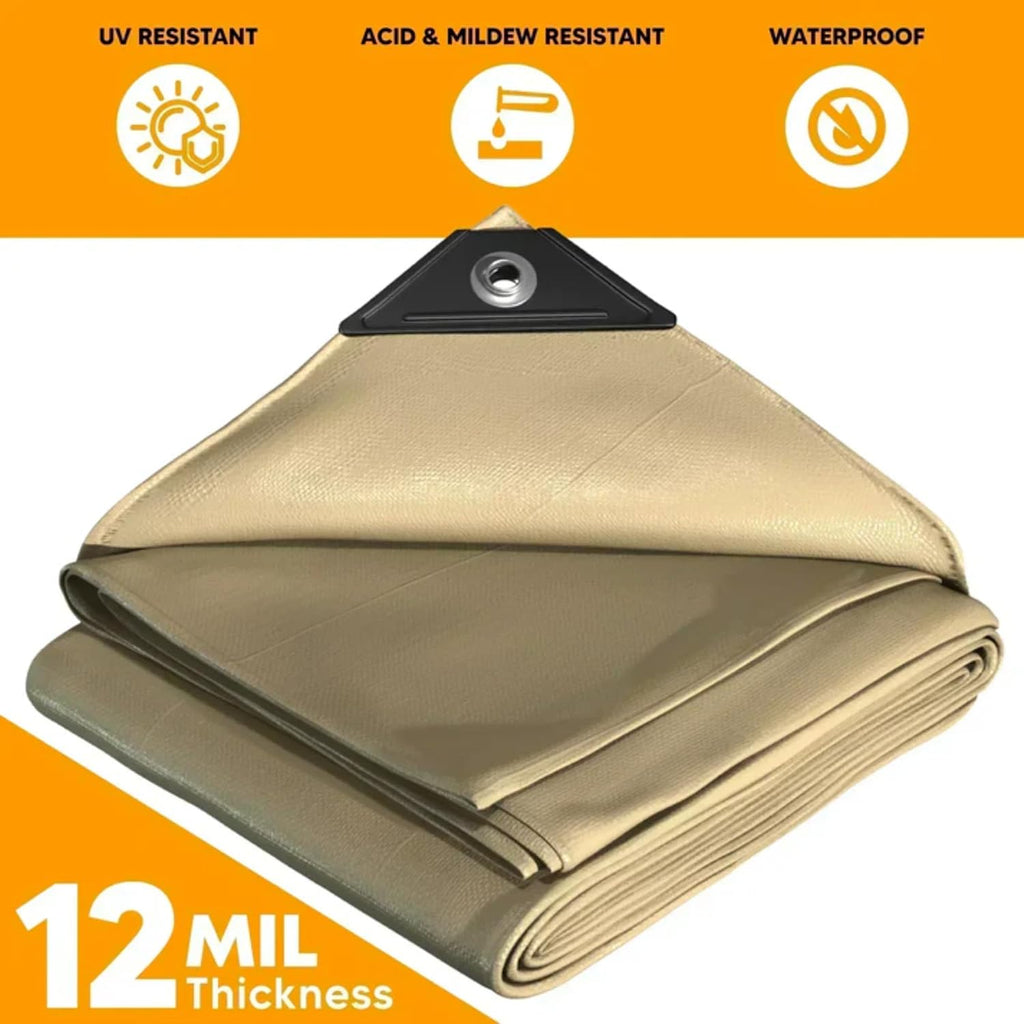 Heavy Duty Waterproof Tarp 14’x20’ – 12 Mil Thick, UV Resistant, Tear & Fade Proof Poly Tan Tarp with Reinforced Grommets, Multipurpose Cover for Roof, Camping, Garden, Boat, Cars & Pool