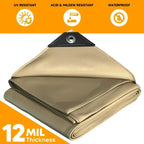 Heavy Duty Waterproof Tarp 14’x20’ – 12 Mil Thick, UV Resistant, Tear & Fade Proof Poly Tan Tarp with Reinforced Grommets, Multipurpose Cover for Roof, Camping, Garden, Boat, Cars & Pool