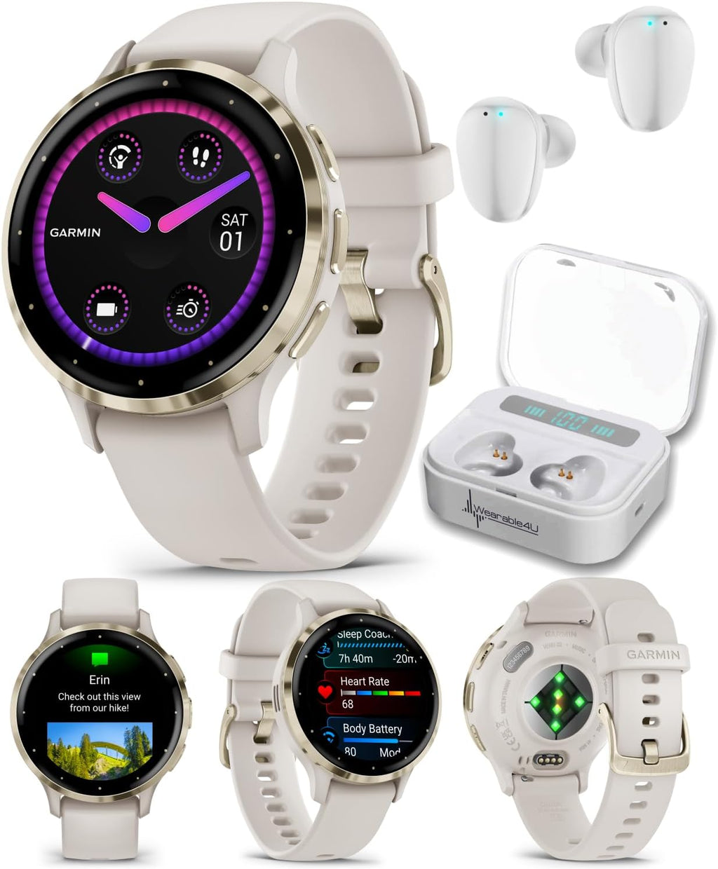 Wearable4U - Garmin Venu 3S GPS Smartwatch  AMOLED Display 41 mm Watch  Advanced Health and Fitness Features  Up to 10 Days of Battery  Sleep Coach  Ivory Case with White Earbuds Bundle