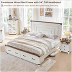 RedLemon Farmhouse King Size Wood Bed Frame with 54" Tall Geometric Headboard, 2 Large Storage Drawers, Solid Wood Slats Support, Noise Free, No Box Spring Needed, Antique White