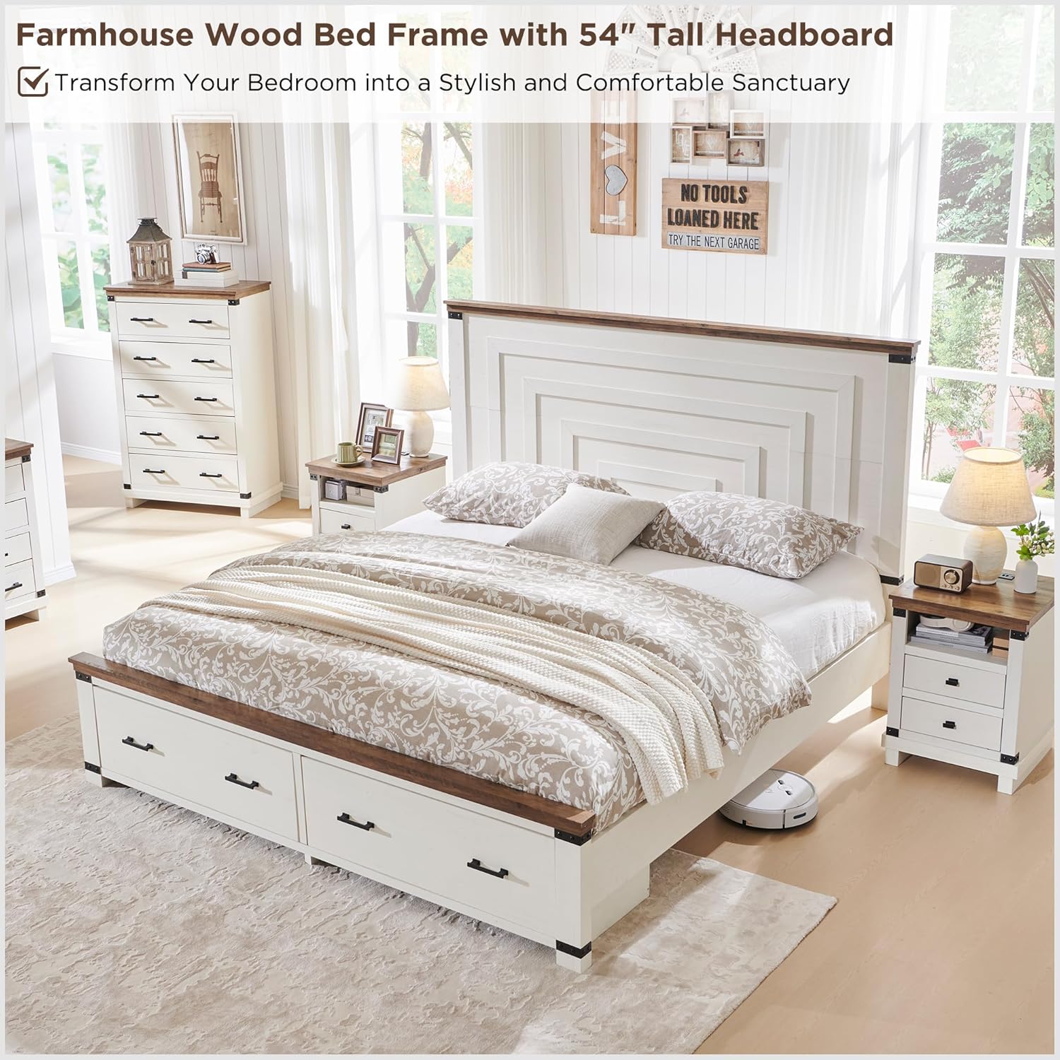 RedLemon Farmhouse King Size Wood Bed Frame with 54" Tall Geometric Headboard, 2 Large Storage Drawers, Solid Wood Slats Support, Noise Free, No Box Spring Needed, Antique White