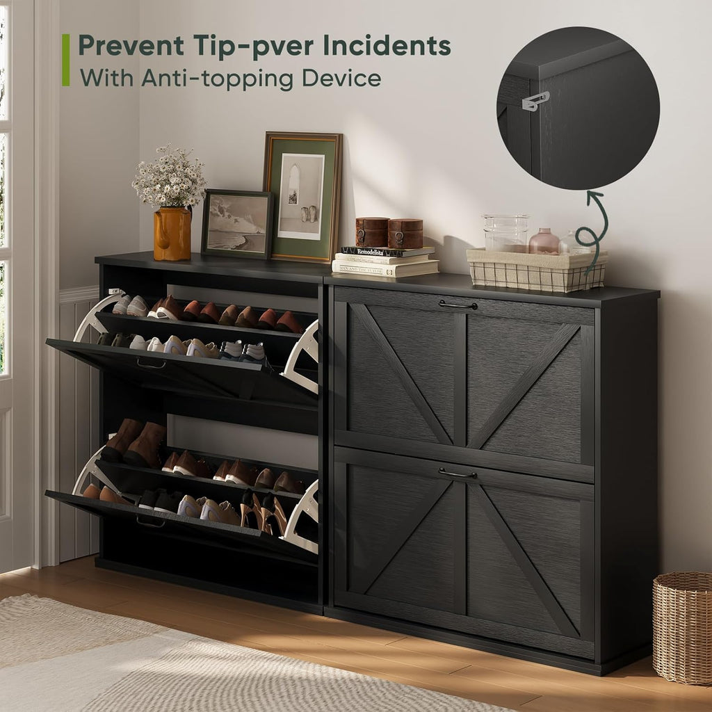 Smart FENDEE Shoe Cabinet, Shoe Storage Cabinet for Entryway with 2 Flip Drawers, Narrow Farmhouse Shoe Organizer Cabinet, Slim Shoe Rack Cabinet, 31.5in Black