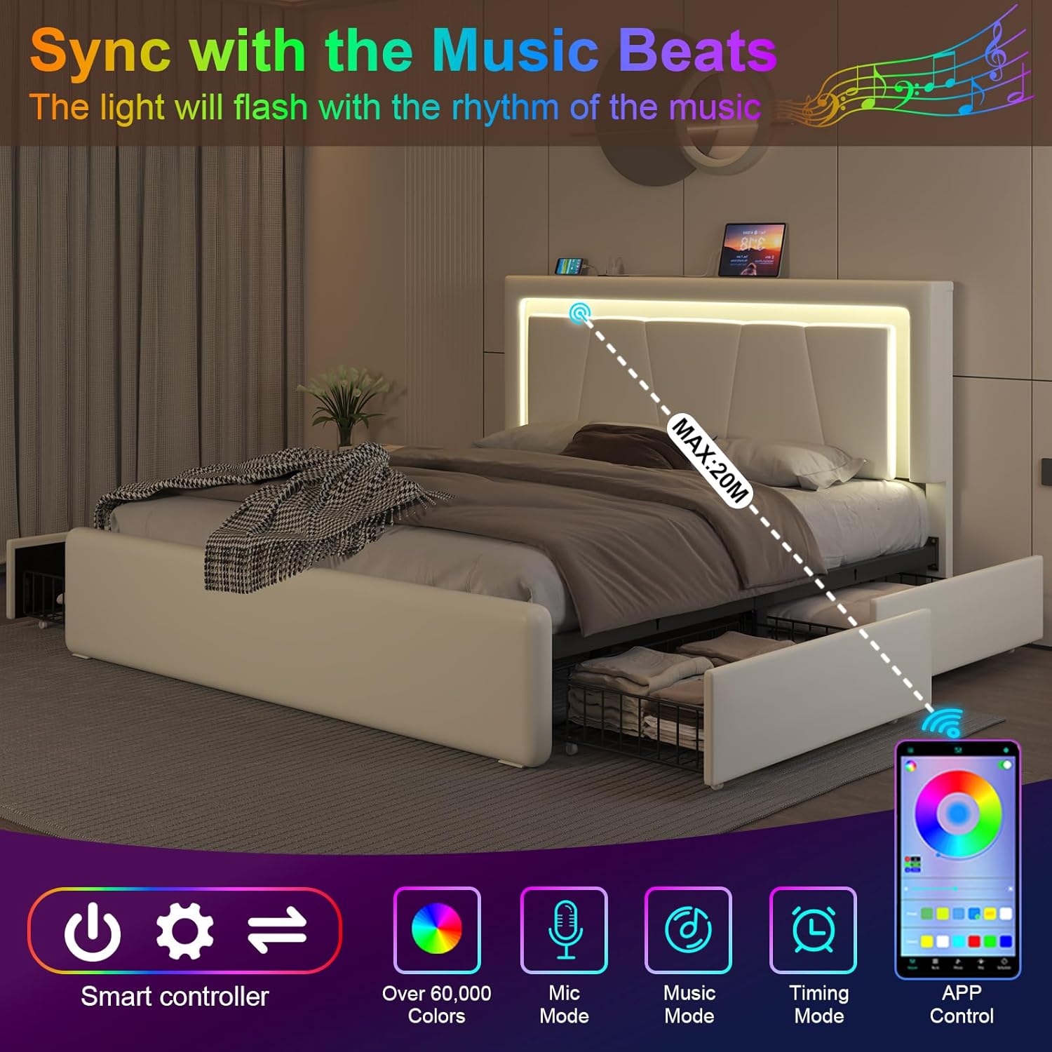 Full Size Bed Frame with 4 Storage Drawers and LED Lights, Upholstered Platform Bed with Adjustable Headboard and Charging Station, Metal Slats Support, No Box Spring Needed,Easy Assembly, White