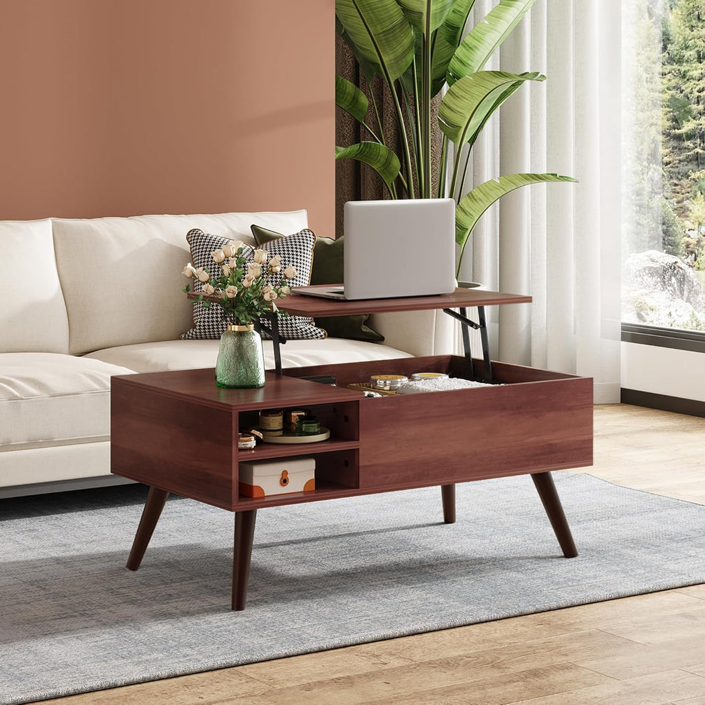 WLIVE Lift Top Coffee Table for Living Room,Small Coffee Table with Storage,Hidden Compartment and Adjustable Shelf,Mid Century Modern, Wood,Cherry,Espresso.