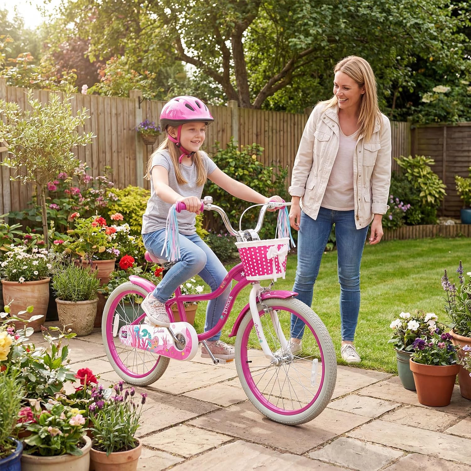 COSTWAY Mermaid Kids Bike, 12/14/16/18/20 Inch Toddler Bike w/Removable Training Wheels, Streamers, Doll Storage Basket, Handbrake & Coaster Brake, Children Kids Bicycle for 3+ Years Old Boys & Girls