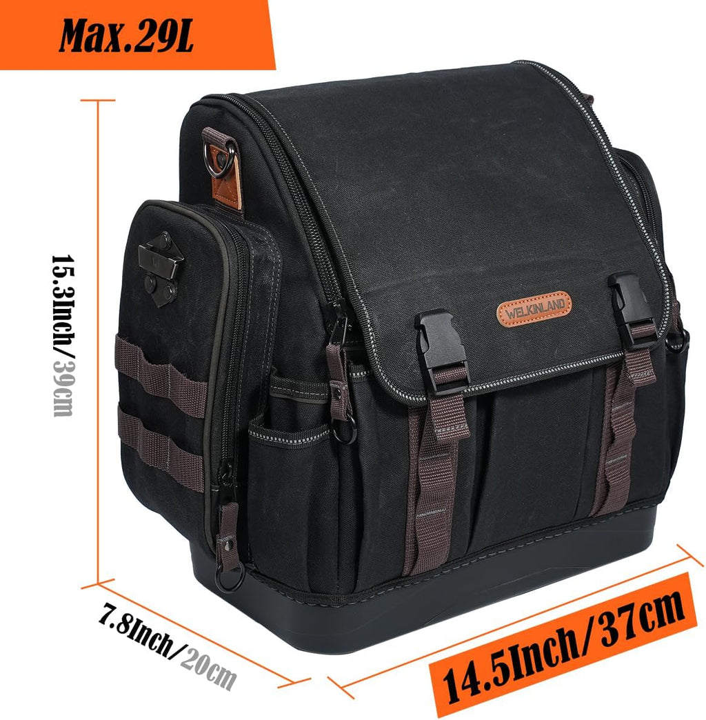 WELKINLAND 41-Pocket Electrician Tool Bag, 14-Inch HVAC Tools Bag, Heavy-Duty Waxed Canvas Tools Bags, Hard Bottom Tool Bags, Stay-up top-open Tool Bag, Quick-Access Tool Bags For Men