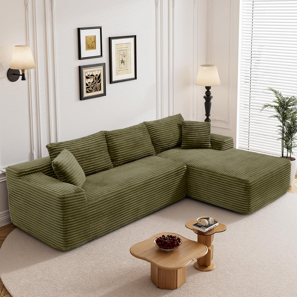 95" Boneless Cloud Sectional Couches for Living Room, Comfy Fluffy L Shaped Memory Foam Deep Seat Boneless Couch, Modular Sectional Sofa with Right Facing Chaise, Olive Green