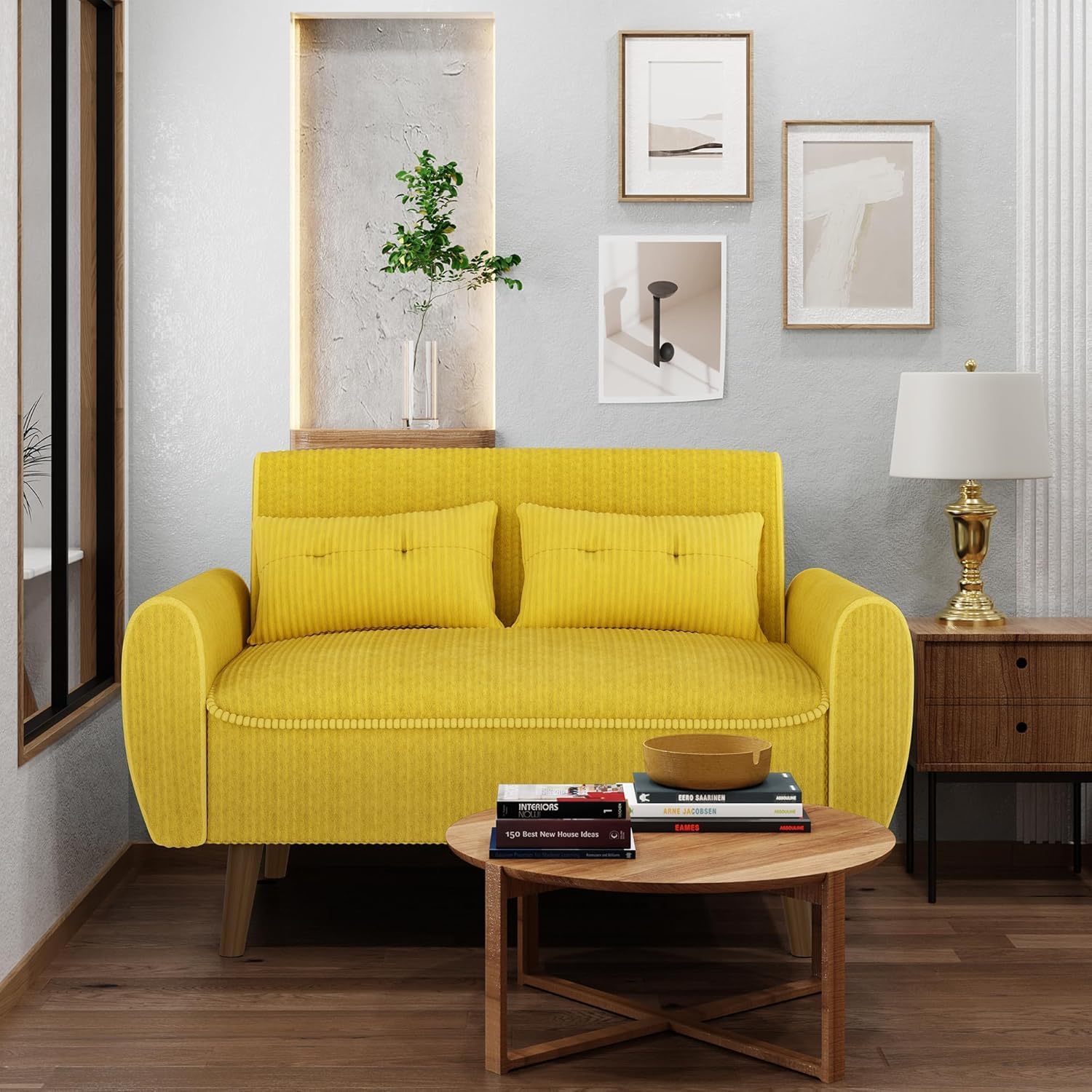 Shintenchi 47" Small Modern Loveseat Couch Sofa, Fabric Upholstered 2-Seat Sofa, Love Seat Furniture with 2 Pillows, Wood Leg for Small Space, Living Room, Bedroom, Apartment, Yellow