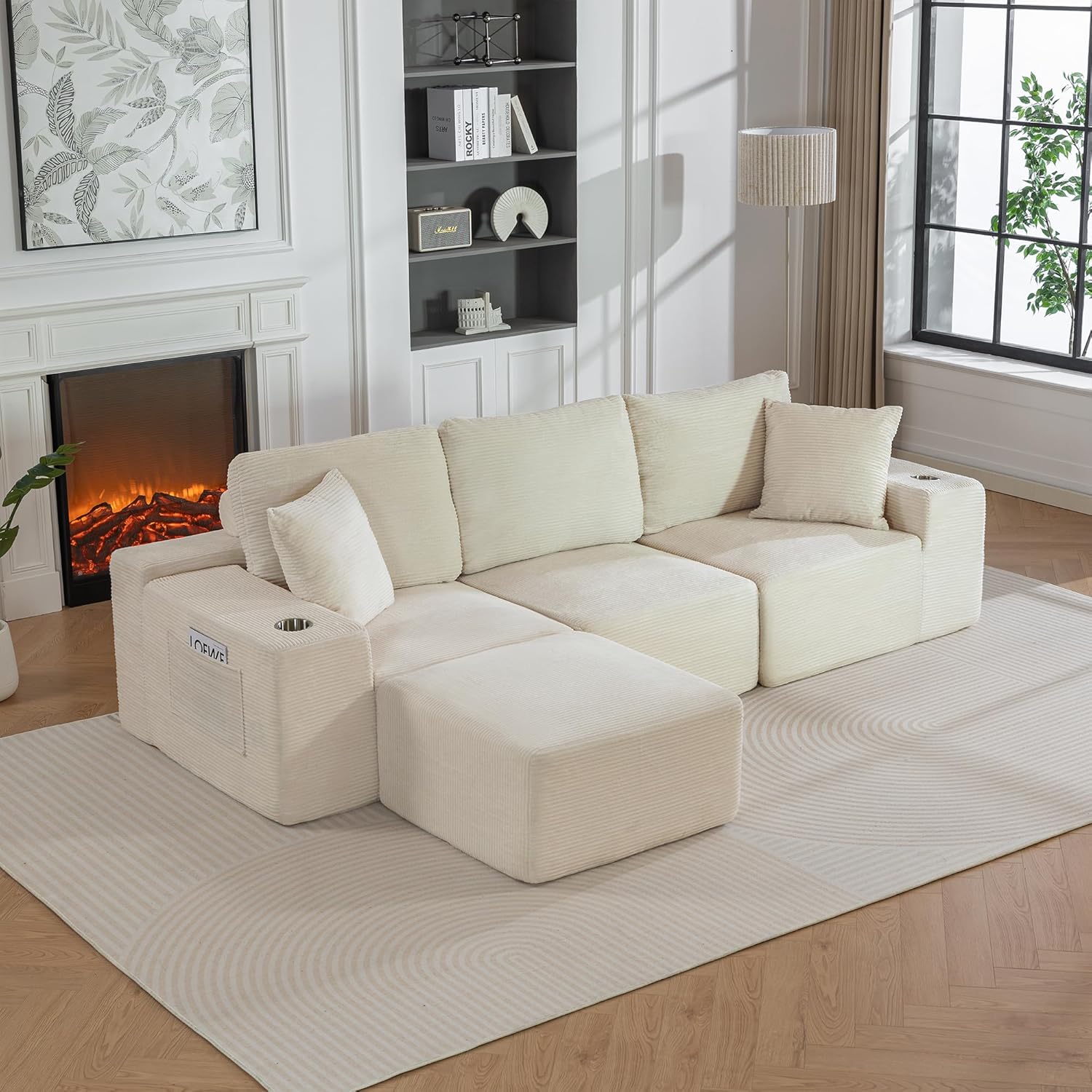 110"Modular Sectional Sofa Couches,Convertible L-Shape Cloud Couch 3 Seat Oversize Chaise with Ottoman,Compressed Foam,Comfy Boneless,Side Pockets,Cup Holders, for Living Room,Apartment,Corduroy Beige