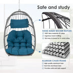 Hanging Egg Chair - Patio Rattan Wicker Swing Egg Chair Hammock Chair for Indoor Outdoor Bedroom Garden - Aluminum Steel Frame UV Resistant Cushion (Aluminum-Without Stand, Teal Blue)