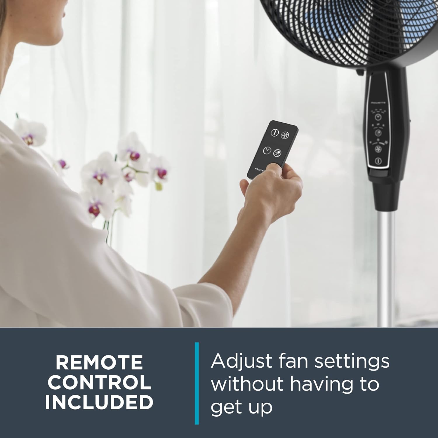 Rowenta, Pedestal Fan, Extreme Outdoor Fan with Remote, 65 Inches, Ultra Quiet Fan, Oscillating, Portable, 3 Speeds, Digital Control, Black, Ourdoor, VU4510