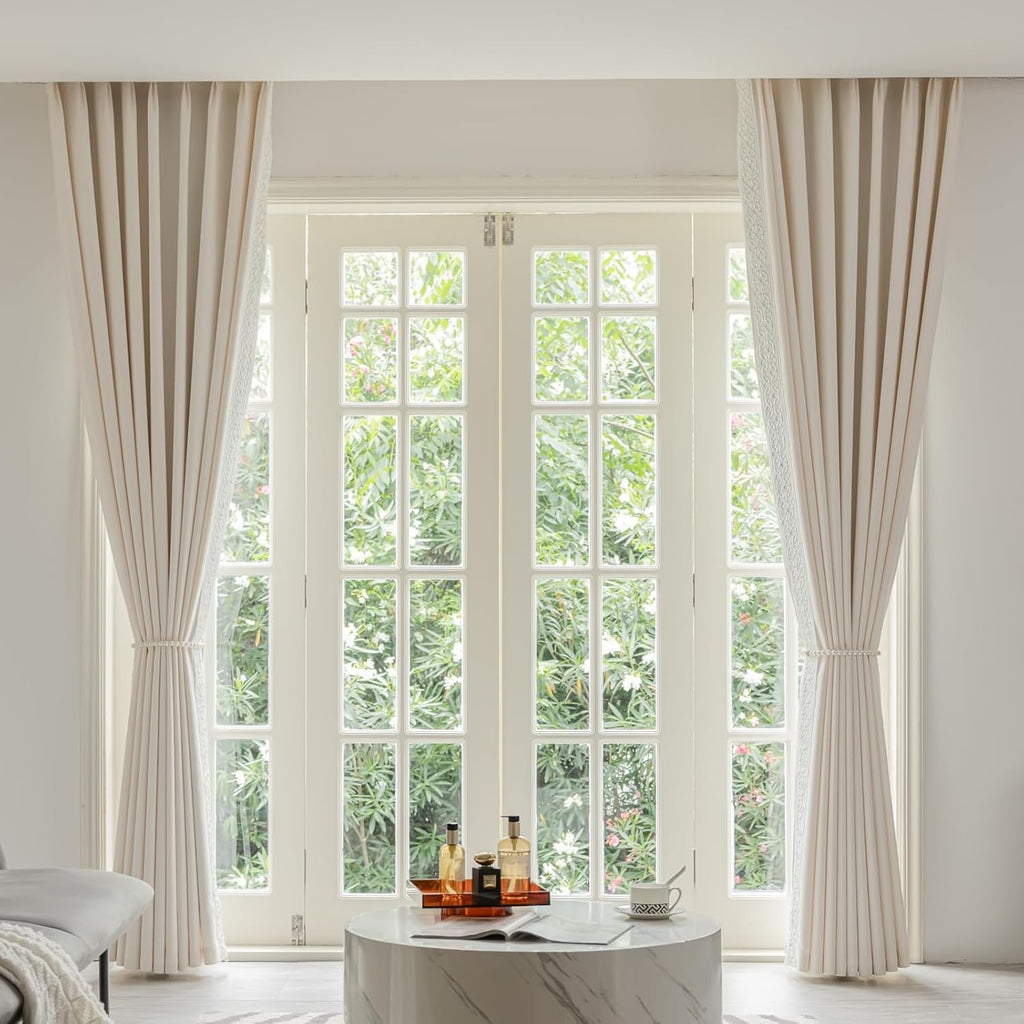 Luxury Cotton Linen Pinch Pleat Curtains, Embroidered Trim Memory Trained Drapes for Stylish Living Room, (50" W x 96" L)