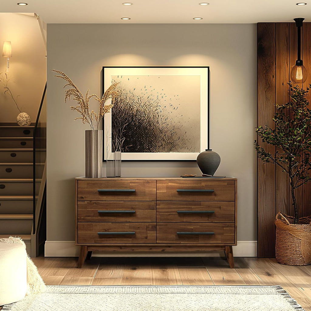 Acacia Legacy Dresser for Bedroom with 6 Drawers, Solid Wood Double Dresser for Bedroom, Living Room, Hallway, Walnut