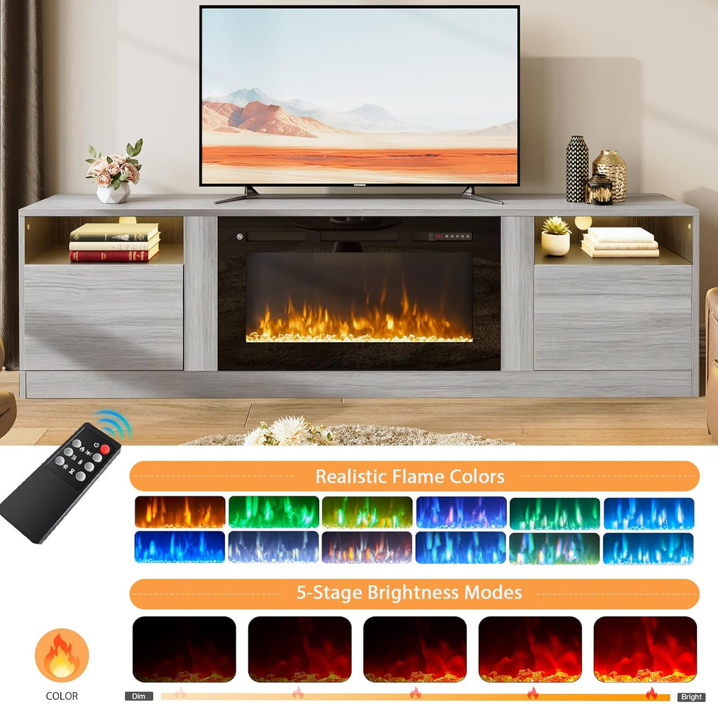 MXV Fireplace TV Stand with 36'' Electric Fireplace Up to 90" TVs, LED Light Entertainment Center, Modern Wood Texture Entertainment Stand with Highlight Storage Cabinet,Grey-Black