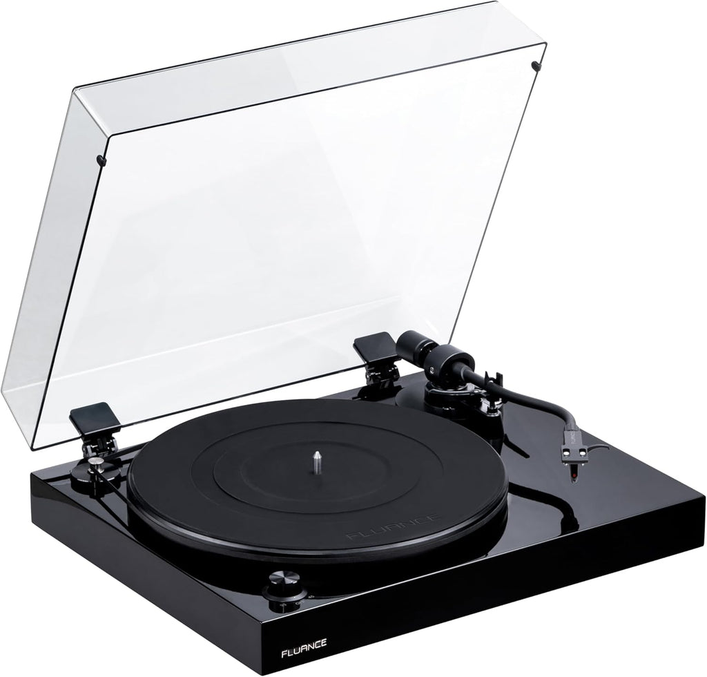 Fluance RT82 Reference High Fidelity Vinyl Turntable Record Player with Ortofon OM10 Cartridge  Speed Control Motor  High Mass MDF Wood Plinth  Vibration Isolation Feet - Piano Black