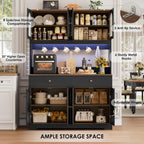 HIFIT 71" LED Kitchen Pantry Cabinet with Power Outlet, Large Kitchen Hutch Storage Cabinet with Arched Door & Shelves & 2 Drawers, Tall Farmhouse Coffee Bar w/Hutch for Home Dining Living Room, Black