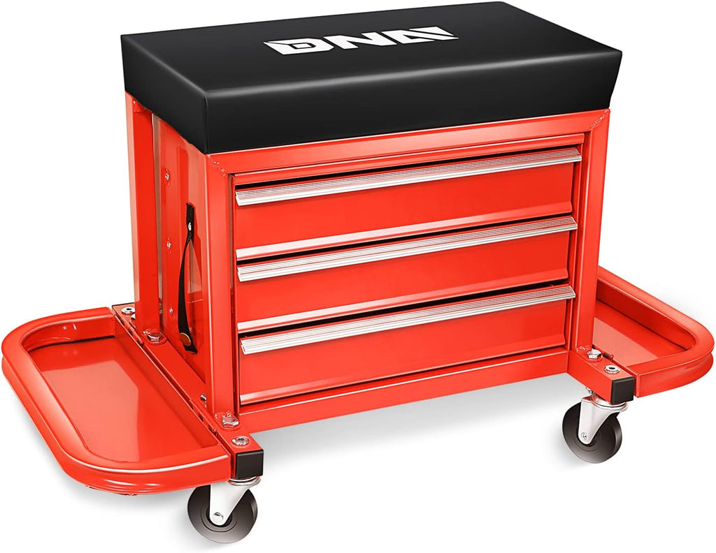 DNA Motoring TOOLS-00261 3-Drawer Tool Chest Rolling Mechanic Seat with Tool Trays,350lbs Max Weight Capacity,Red
