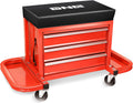 DNA Motoring TOOLS-00261 3-Drawer Tool Chest Rolling Mechanic Seat with Tool Trays,350lbs Max Weight Capacity,Red